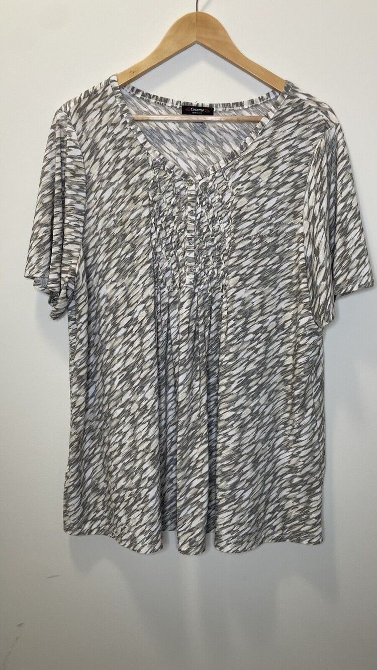 Cocomo Woman Blouse Top Art Pleated Short Sleeve Button Ruffle Gray Size 2X